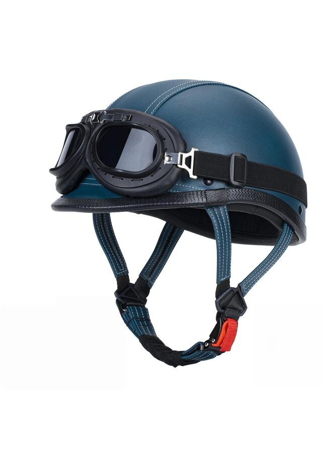 LAMAY Handmade Leather Motorcycle Helmet Retro Half Face Helmet for Adults Men and Women, Lightweight Open Face 1/2 Vintage Helmets for Moped Cruiser Scooter (Blue XXXL) - Image 1